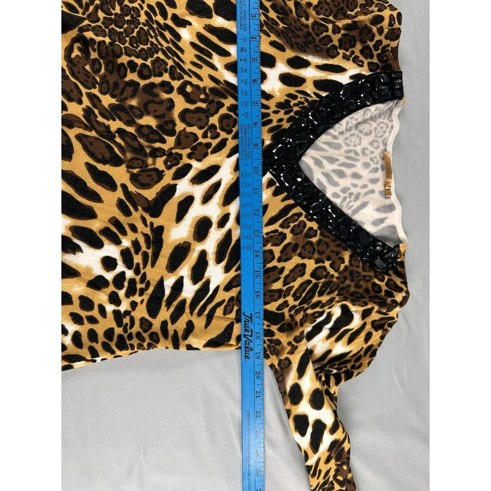 Belldini‎ Womens XL Leopard Print Top Beaded V Neck 3/4 Sleeve Stretch Knit